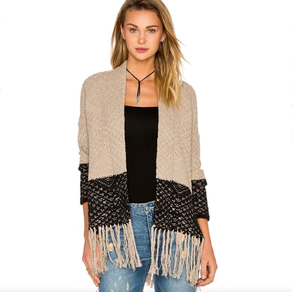 BCBGMAXAZRIA Eliana Knit Jacquard Fringe Cardigan Oversized Colorblock REVOLVE